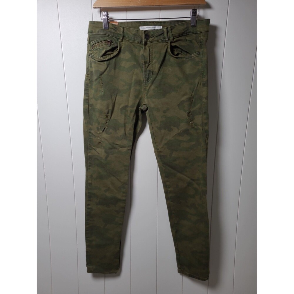 Zara Camo Distressed Jeans Womens 10 Green Grunge Distressed Pockets